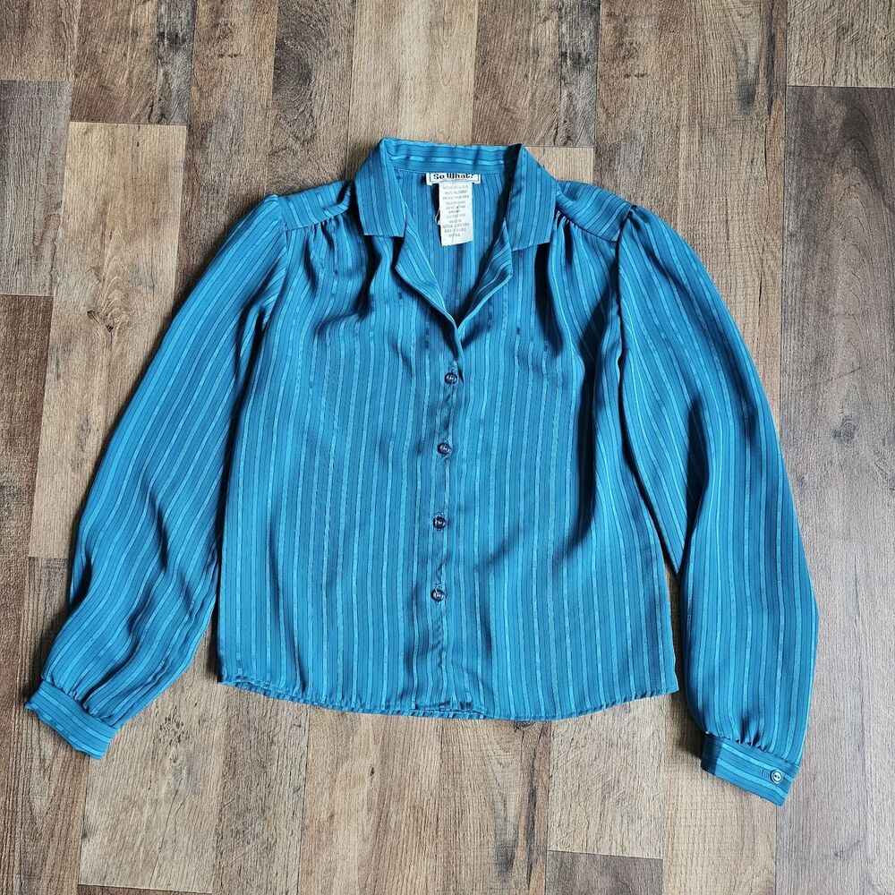 Vintage SO WHAT! Of California Women's Blue Striped V-Neck Button-Up Blouse SZ S